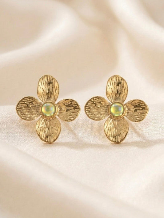Botanical Motif Stud Earrings – Gold-Toned Stainless Steel