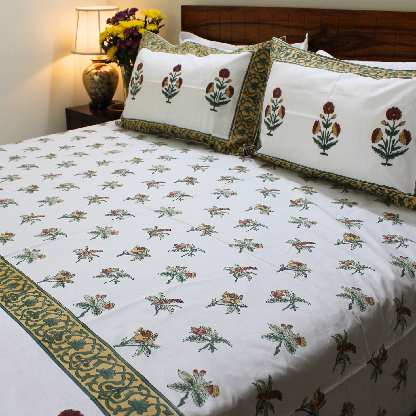 Bedsheet | Cotton Handblock Garden Print | 3 Pc Set