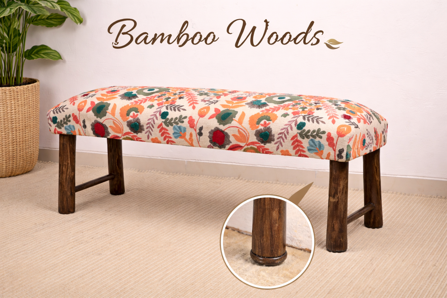 Floral Cotton bench Upholstered with Wooden Legs 114 cm