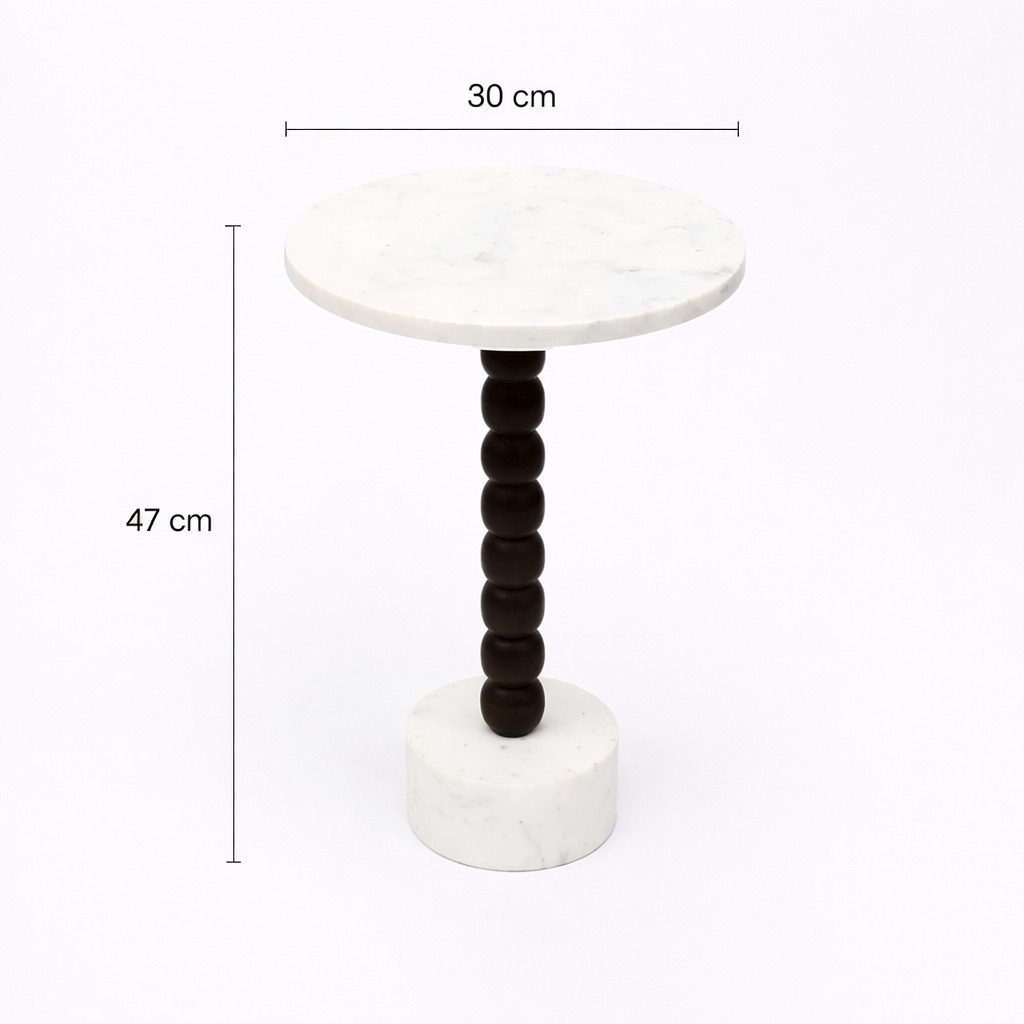 Marble & Wood Beaded Drink Table – Compact Artisanal Accent