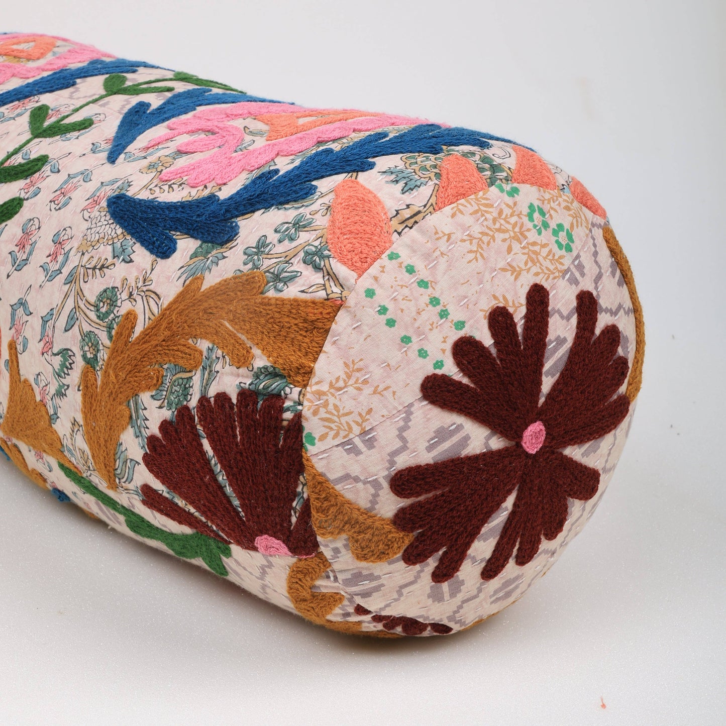 Floral Embroidered Cotton Bolster Cushion Multicolor 53 x 20