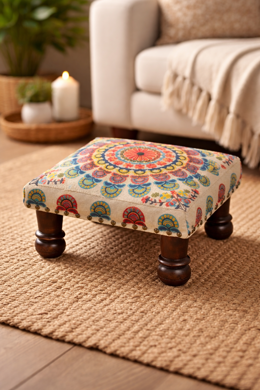 Mystic Mandala Cotton Footstool with Wooden Legs