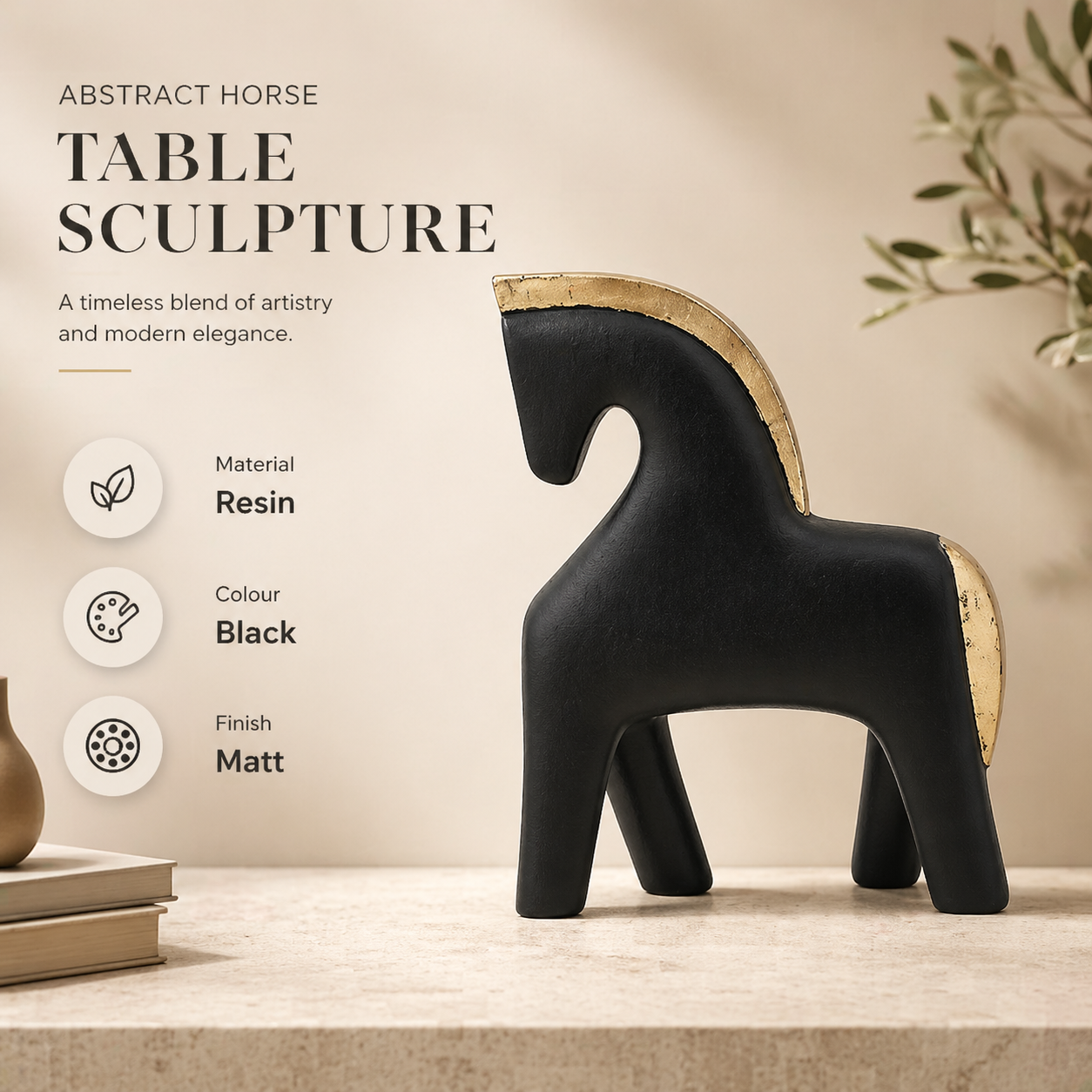 Abstract Horse Table Sculpture in Black Matte Polyresin
