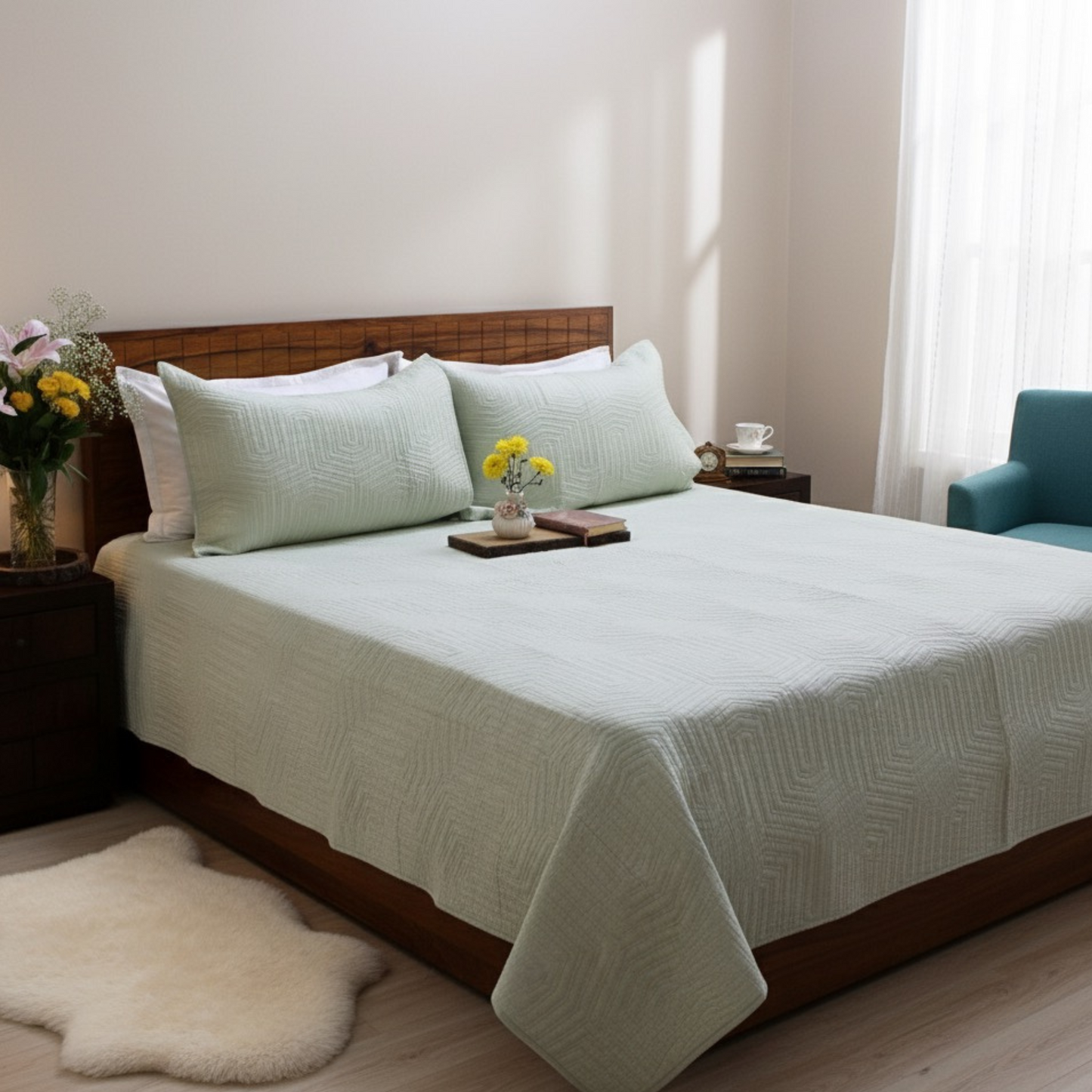 Bedsheet | Cotton Quilted Geometric Pattern Mint Mist |  3 Pc Set