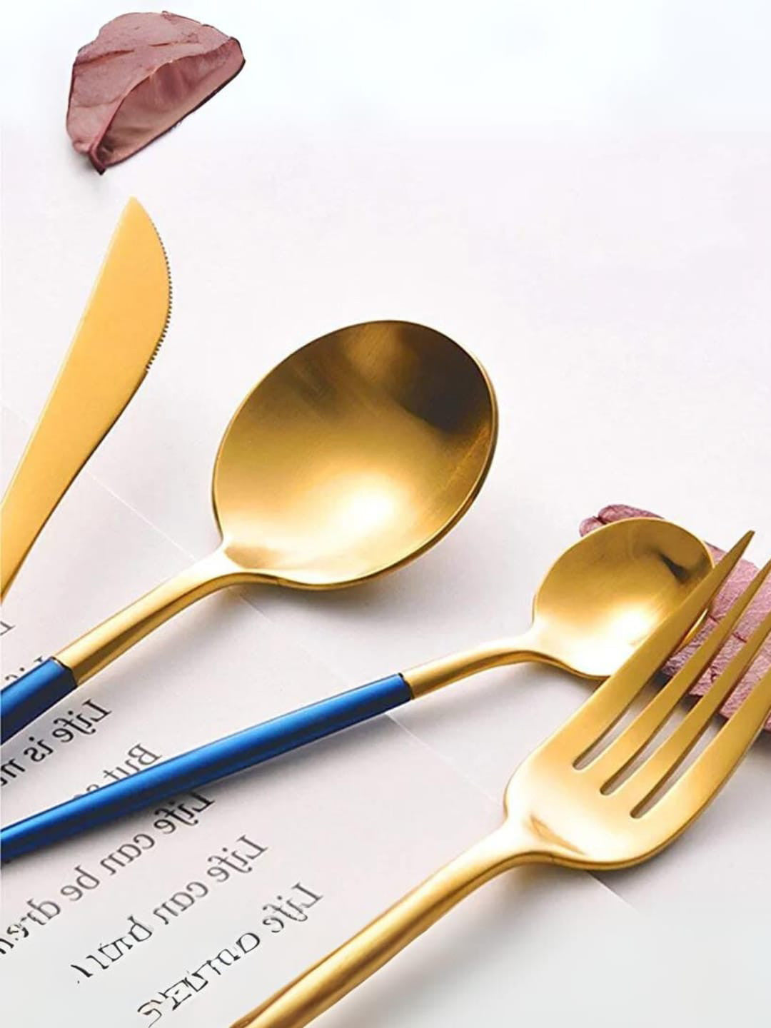 4 pcs Blue & Gold Toned Cutlery Set – Stainless Steel Flatware – Two-Tone Finish
