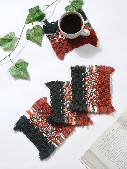 Woven Macrame Coaster Set – Table Decor Accents –  4pc