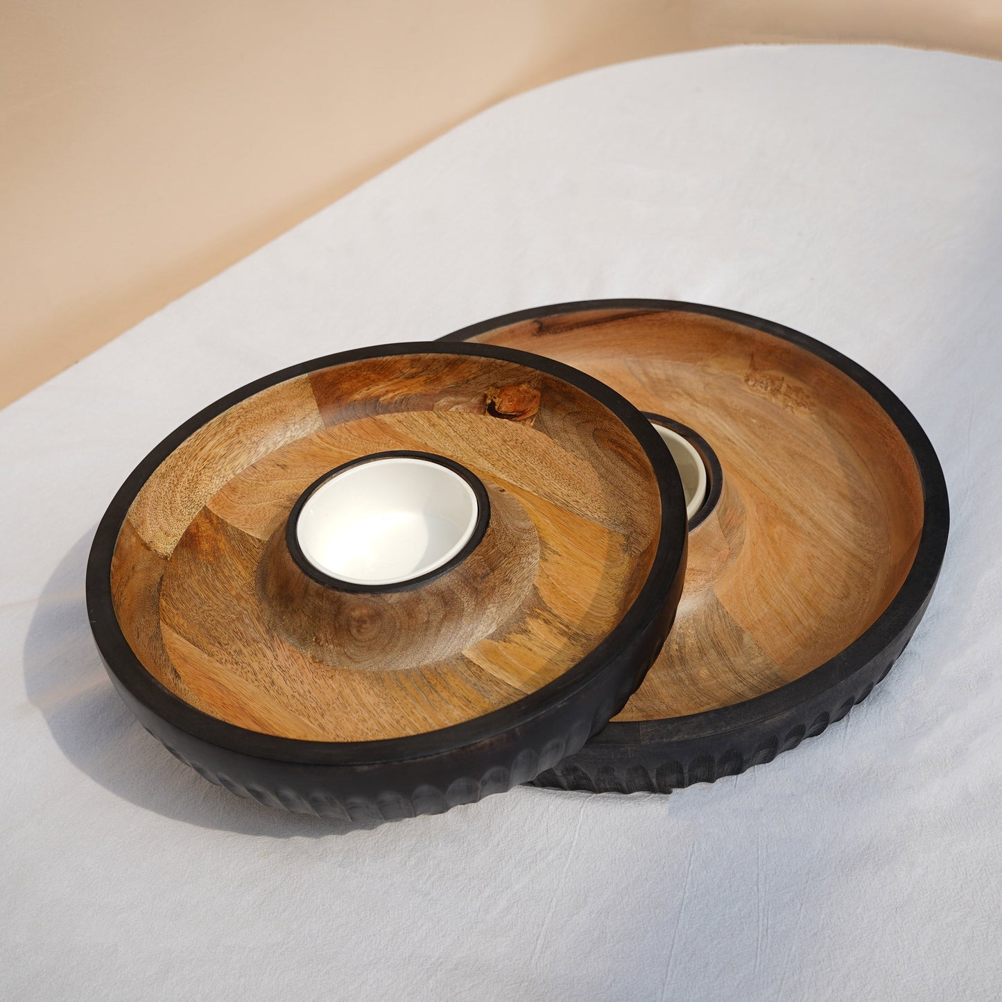 Mango Wood Serving Tray With Removable Bowl - Dual-Tone, Two Sizes