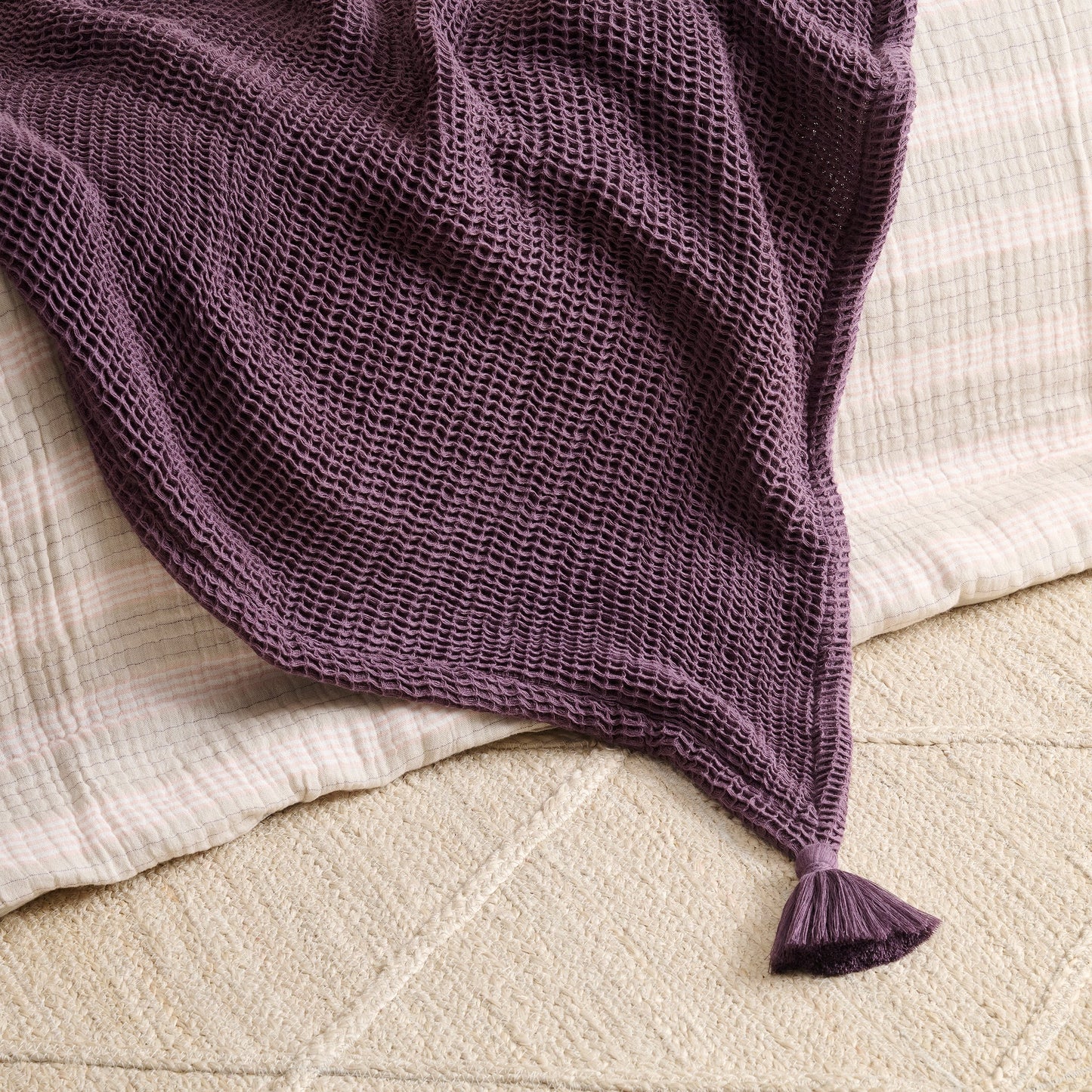 Throw Blanket | Cotton Waffle Thick Tassels | Sea Sponge
