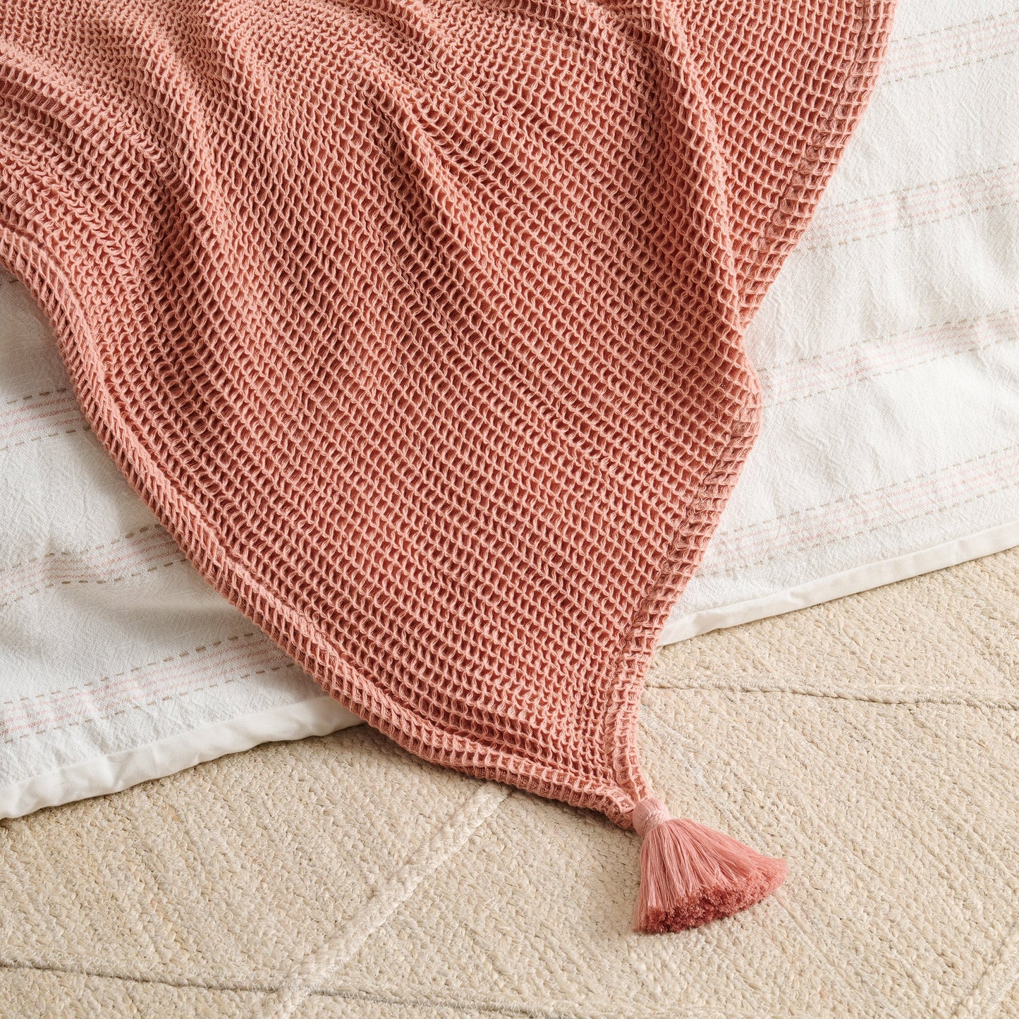 Throw Blanket | Cotton Waffle Thick Tassels | Sea Sponge