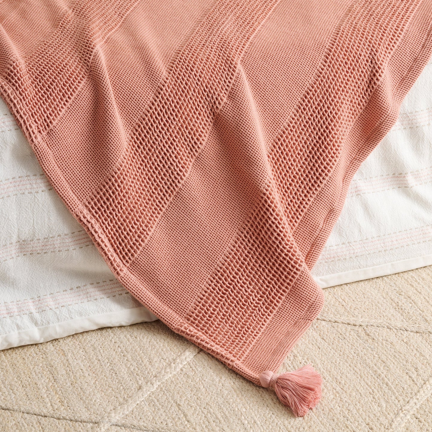 Throw Blanket | Cotton Waffle Thick Tassels