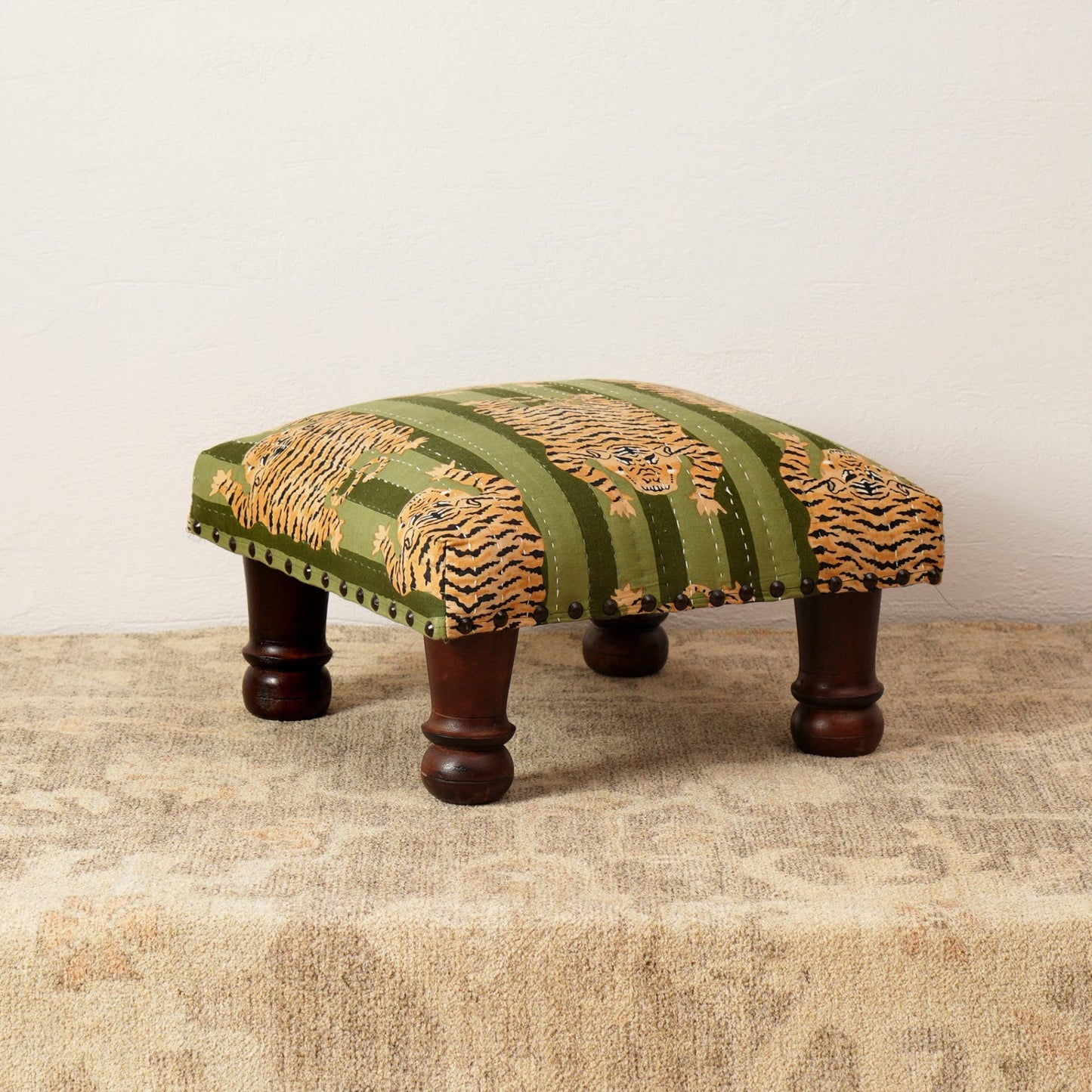 Handcrafted Green Jungle Stripe Cotton Footstool, Wooden Leg