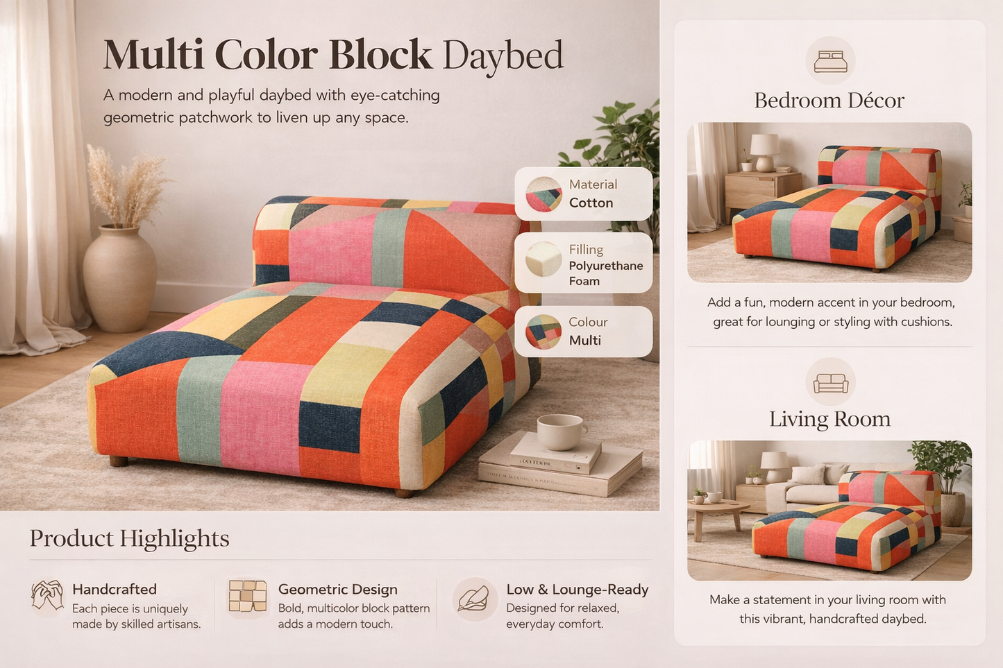 Geometric Cotton Floor Sofa with Armrest Multicolor