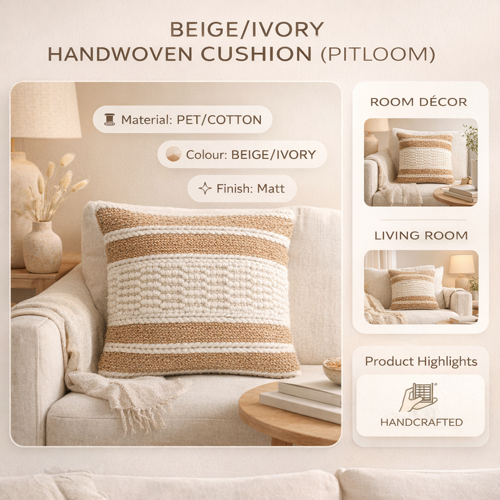 Beige & Ivory Handwoven Cushion – Soft Decorative Pillow