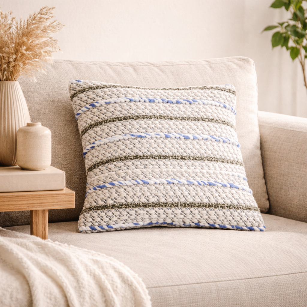 Ivory & Blue Textured Cushion with filler– Handwoven Design