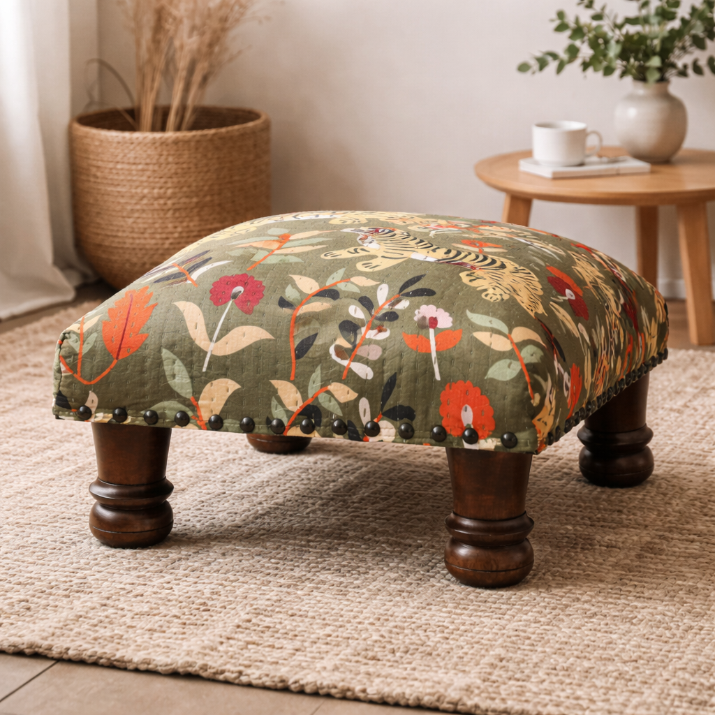 Botanical Tiger Cotton Footstool with Wooden Legs – Green