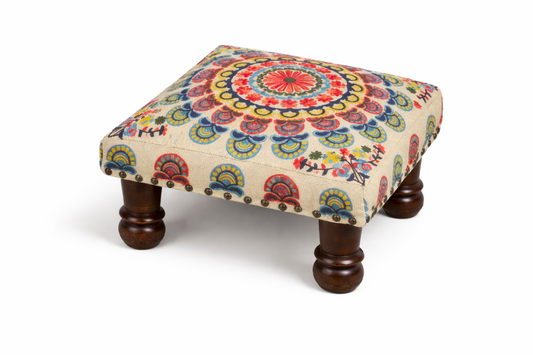 Mystic Mandala Cotton Footstool with Wooden Legs