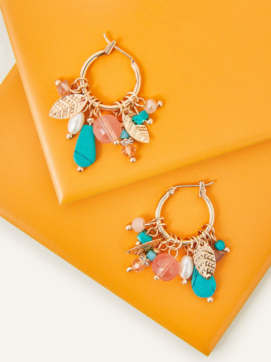 Faux Pearl & Foliage Adorned – Hoop Earrings – Gold-Toned Finish, Artificial Beads