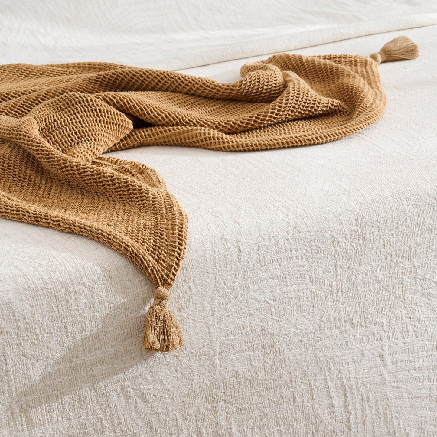 Throw Blanket | Cotton Waffle Thick Tassels | Sea Sponge