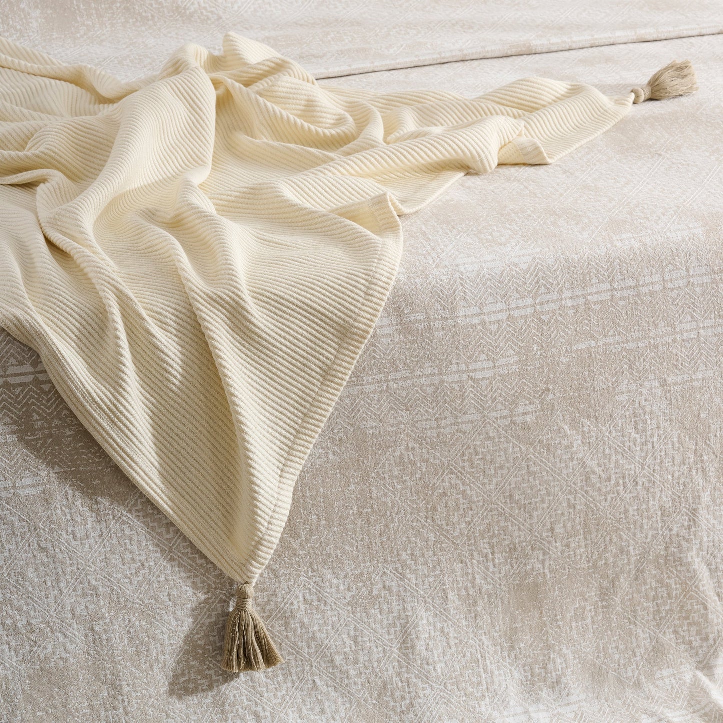 Throw Blanket | Cotton Bamboo Rib Tassels | Cream