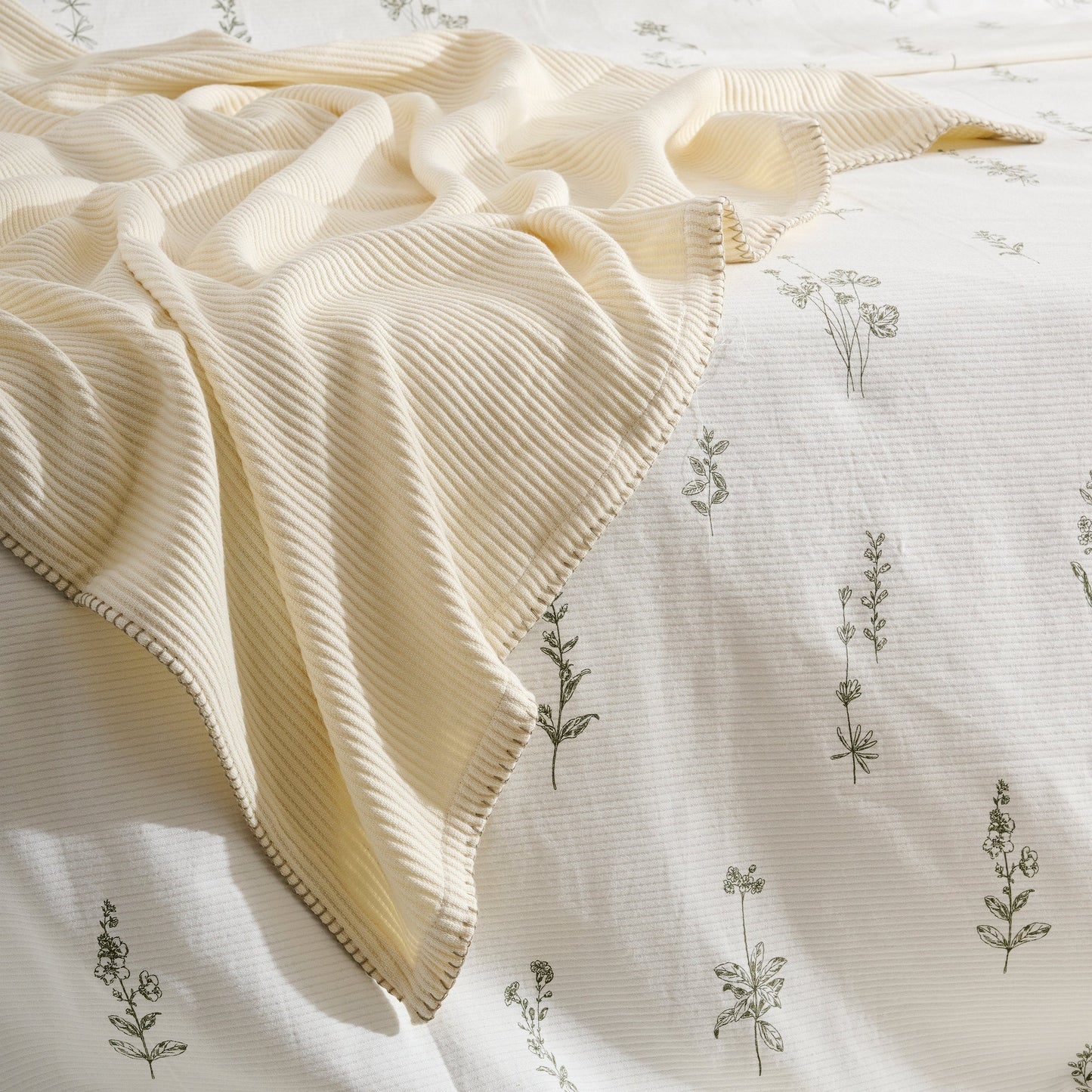 Throw Blanket | Cotton-Bamboo Whipstitch Ribbed | Cream