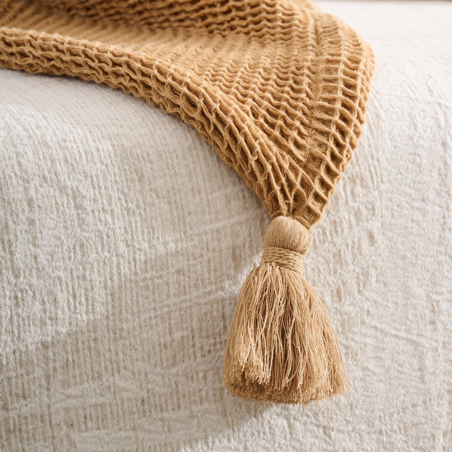 Throw Blanket | Cotton Waffle Thick Tassels | Sea Sponge