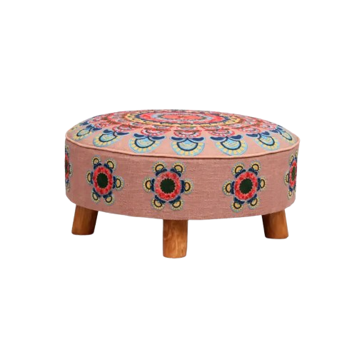 Embroidered Round Cotton Ottoman with Wooden Legs