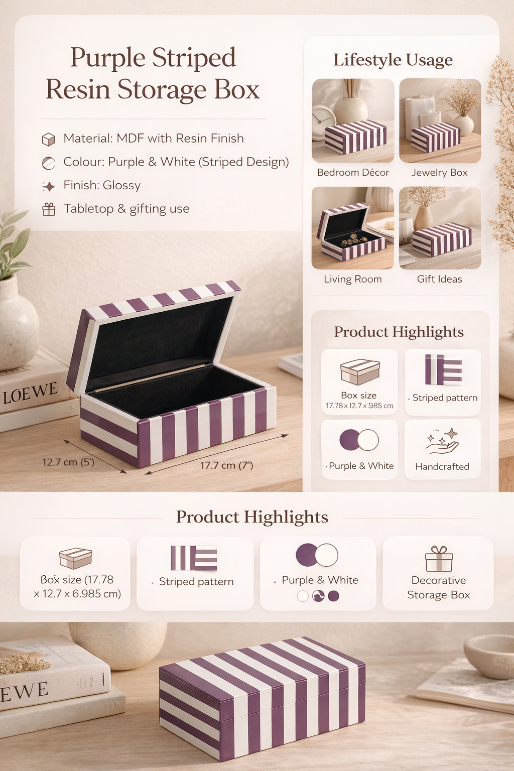 Purple Striped Resin Storage Box Glossy MDF Decorative Case