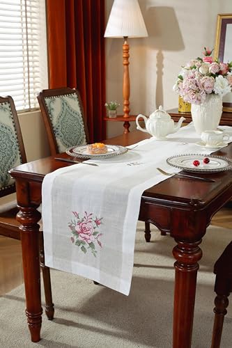 Attractive Linen Embroidery Design Pink Table Runner (15x33 Inches) | Dining Center Table Decor Home Linen