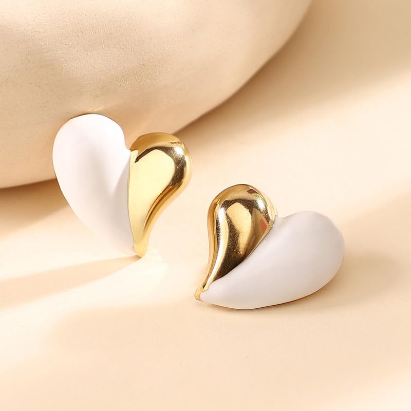 Chunky Heart Stud Earrings – Alloy – Chalk White Finish – Push Back Closure