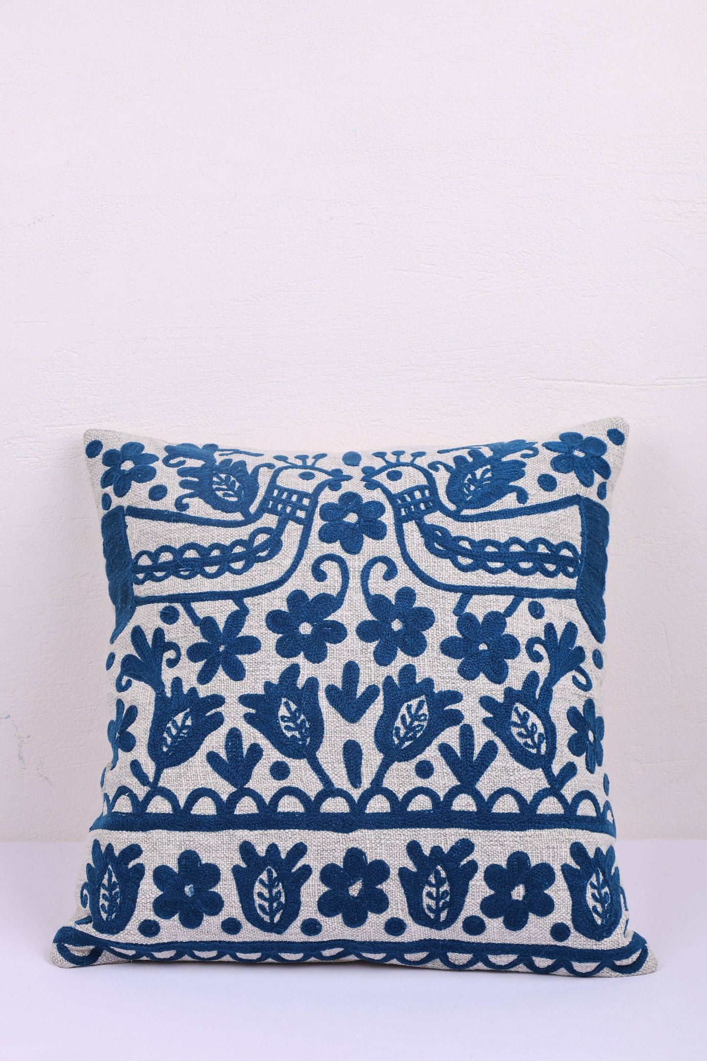 Blue Embroidered Cotton Cushion with Filler 45x45 cm