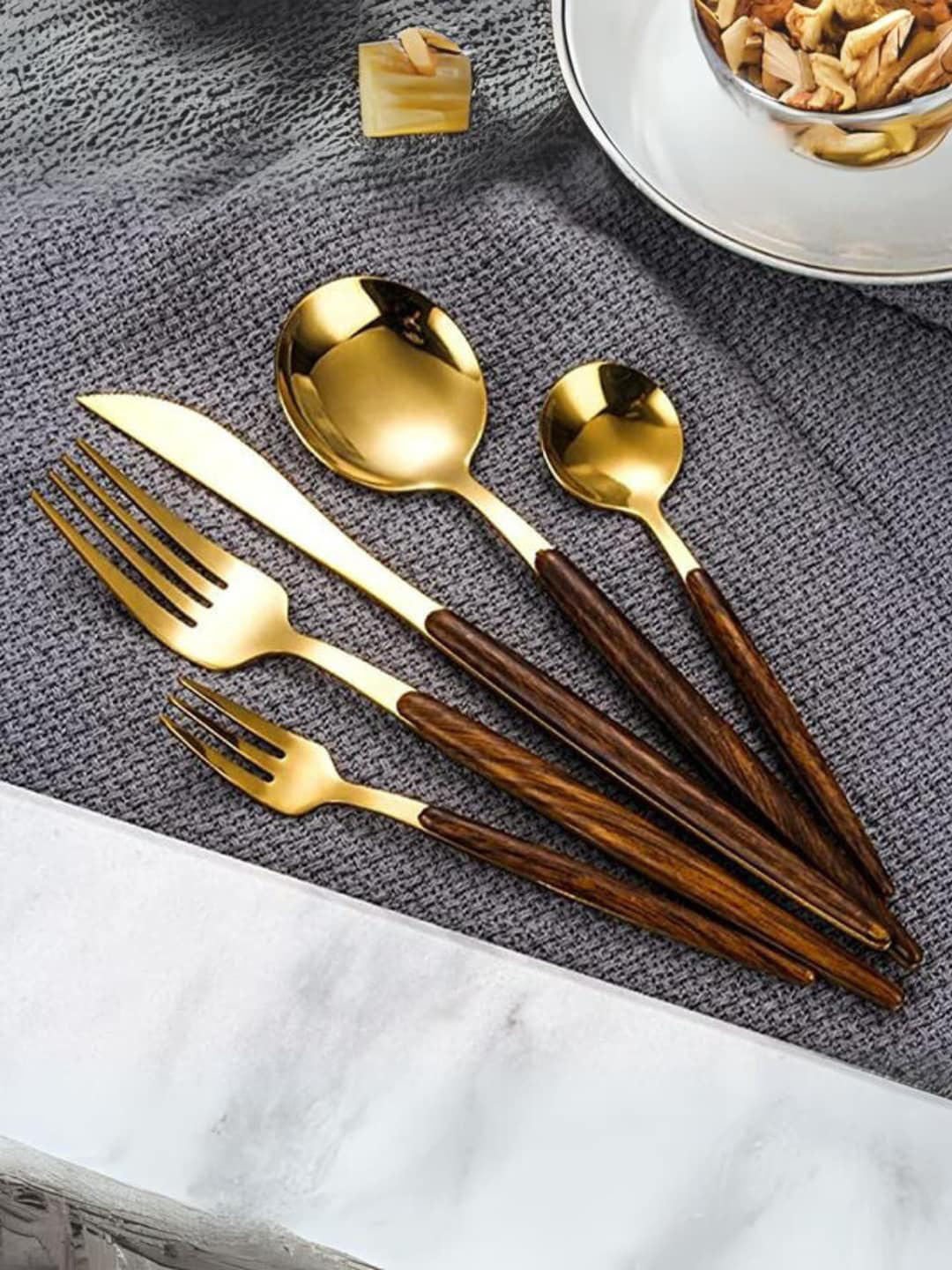 5 pcs Gold Toned & Brown Cutlery Set – Dining Utensil Set – Stainless Steel with Wooden Handle