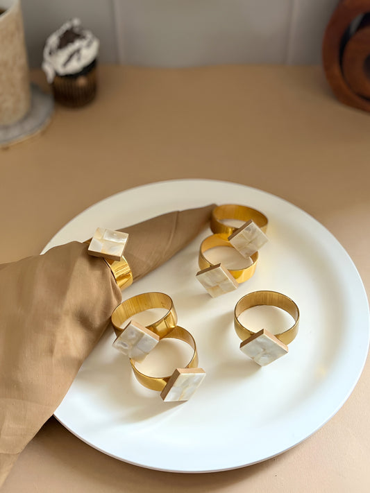 Diamond Shaped Napkin Rings – Tabletop Decor Set – Mother of Pearl & Metal – 6 Piece Pack