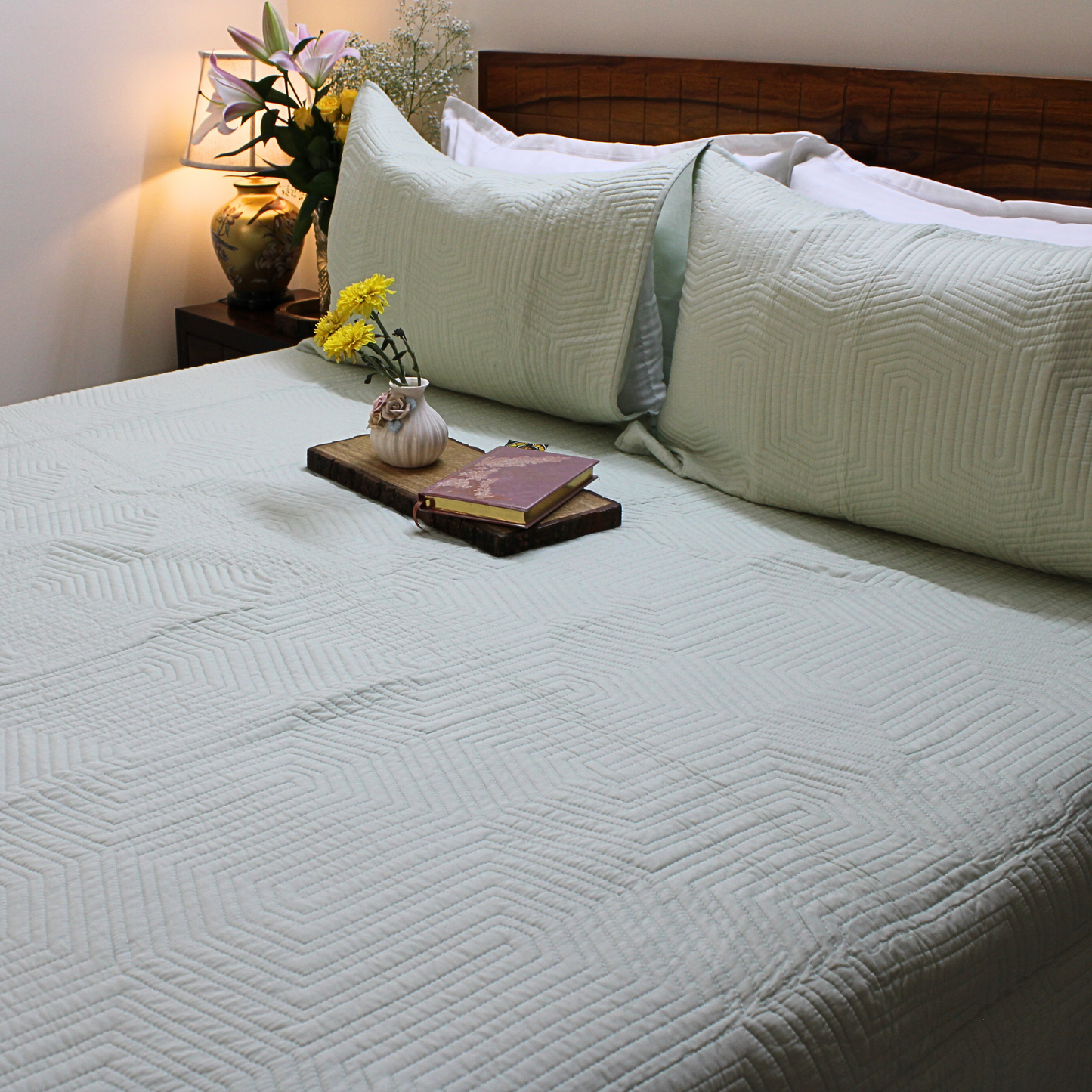 Bedsheet | Cotton Quilted Geometric Pattern Mint Mist |  3 Pc Set