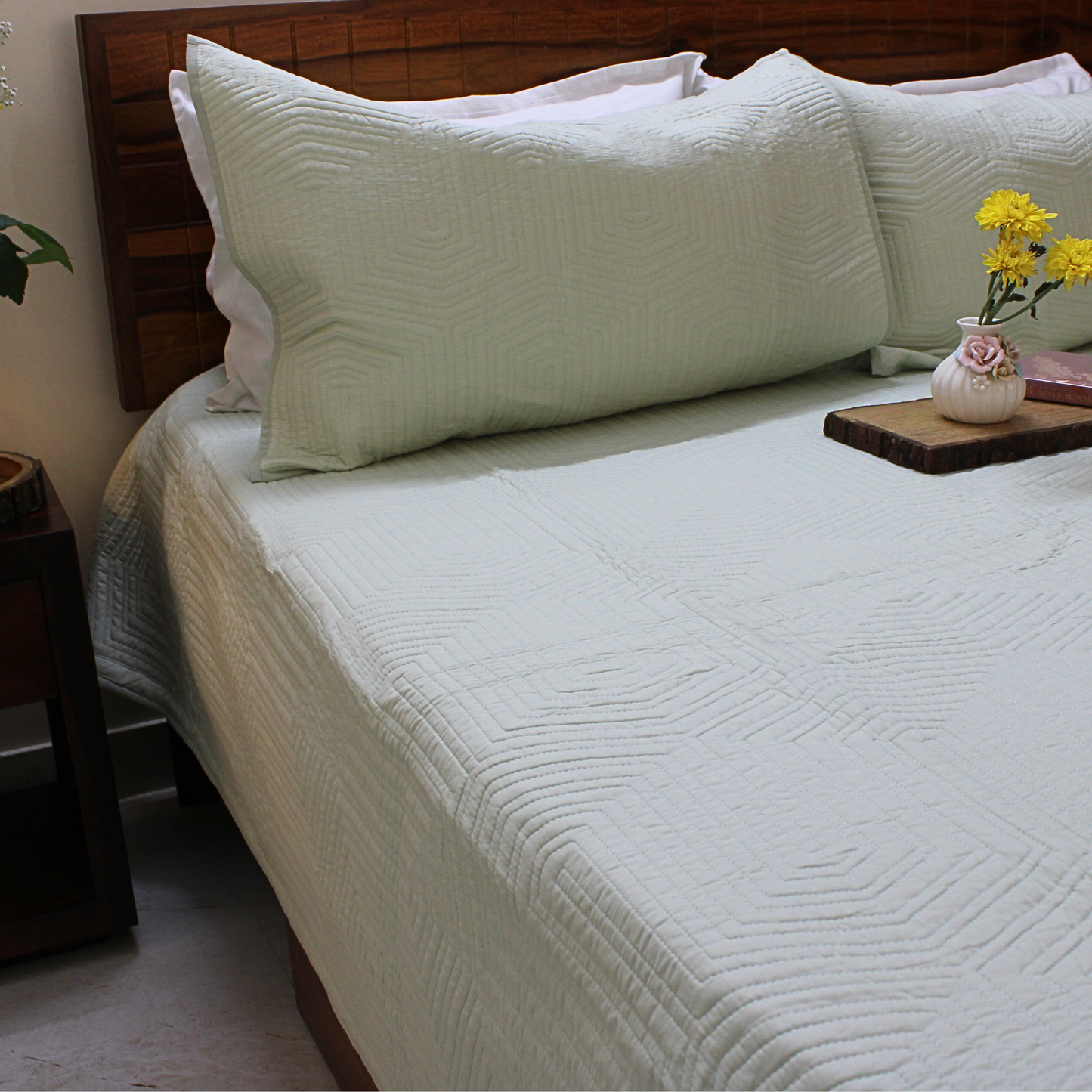 Bedsheet | Cotton Quilted Geometric Pattern Mint Mist |  3 Pc Set