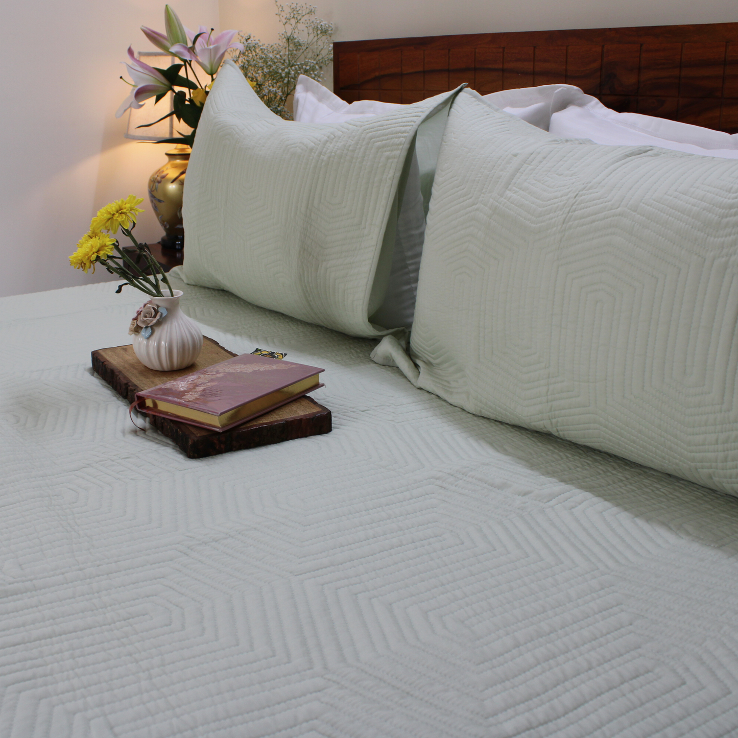 Bedsheet | Cotton Quilted Geometric Pattern Mint Mist |  3 Pc Set