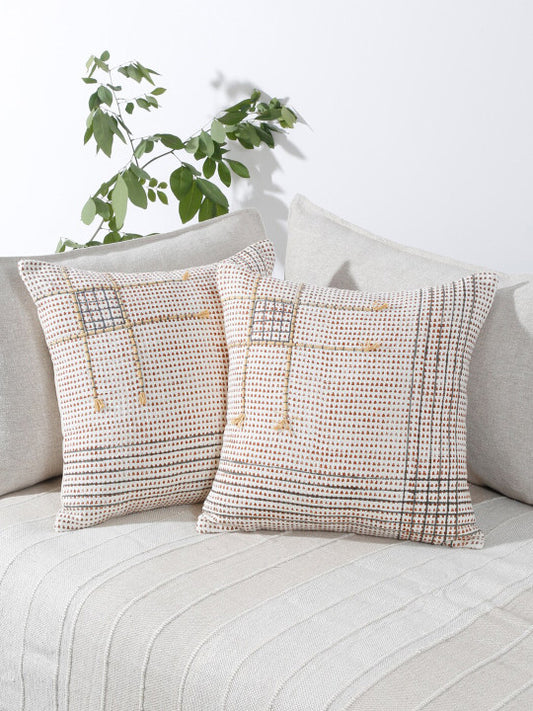 Set of 2 - Geometric Pattern Cushion Covers – Durable Cotton Fabric – Off-White & Brown – 45x45 cm