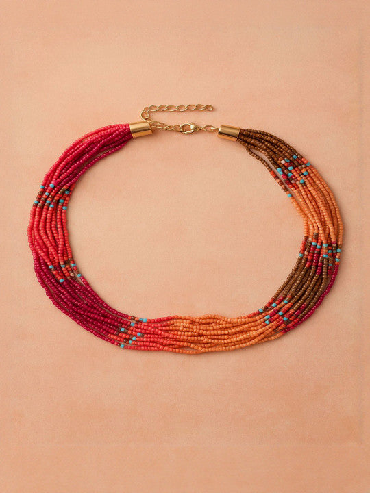 Multi-Strand Layered Necklace with Decorative Beads – Red & Orange Tones