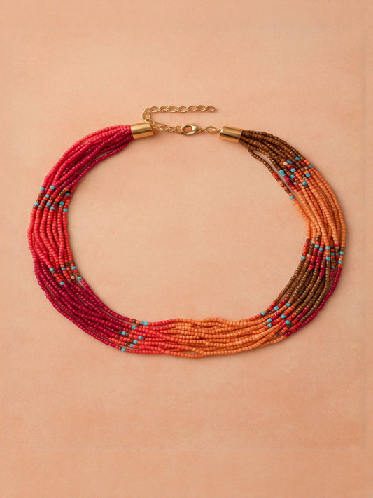 Multi-Strand Layered Necklace with Decorative Beads – Red & Orange Tones