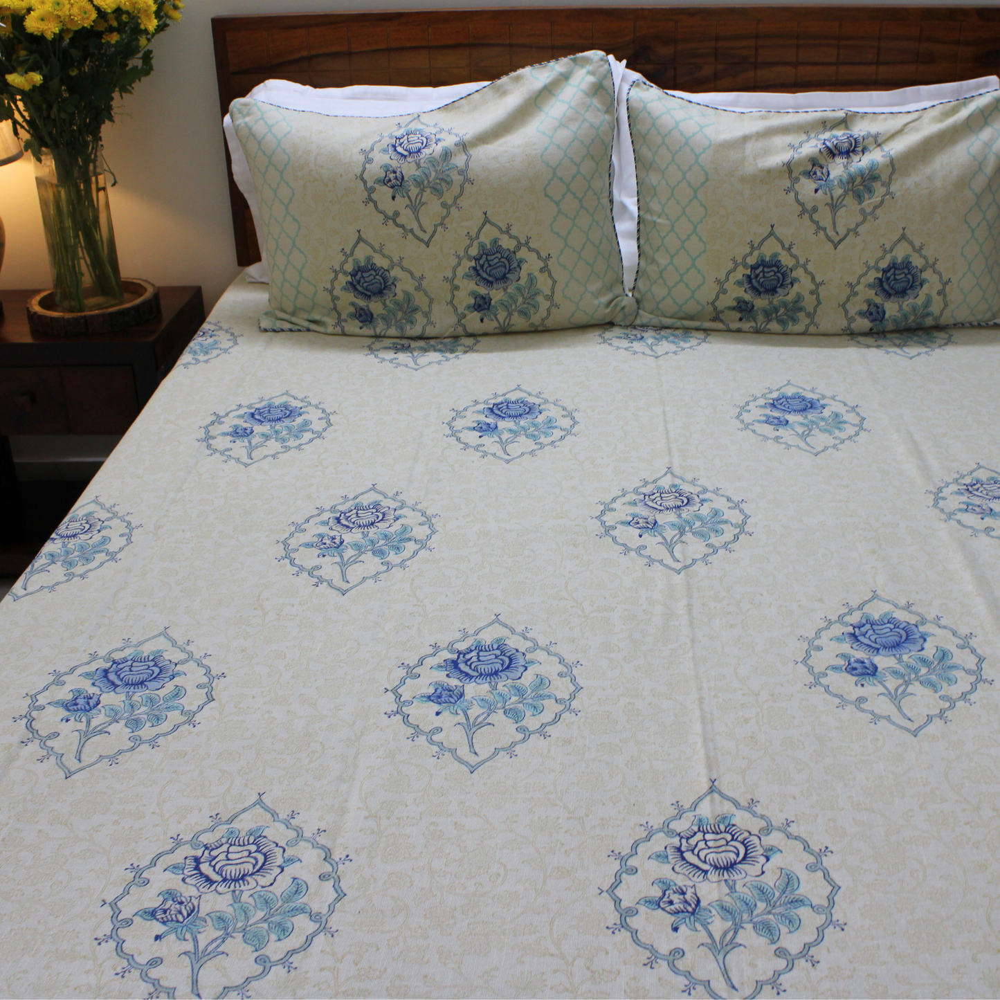 Bedsheet | Handblock Cotton Slub Lotus Garden | Set of 3