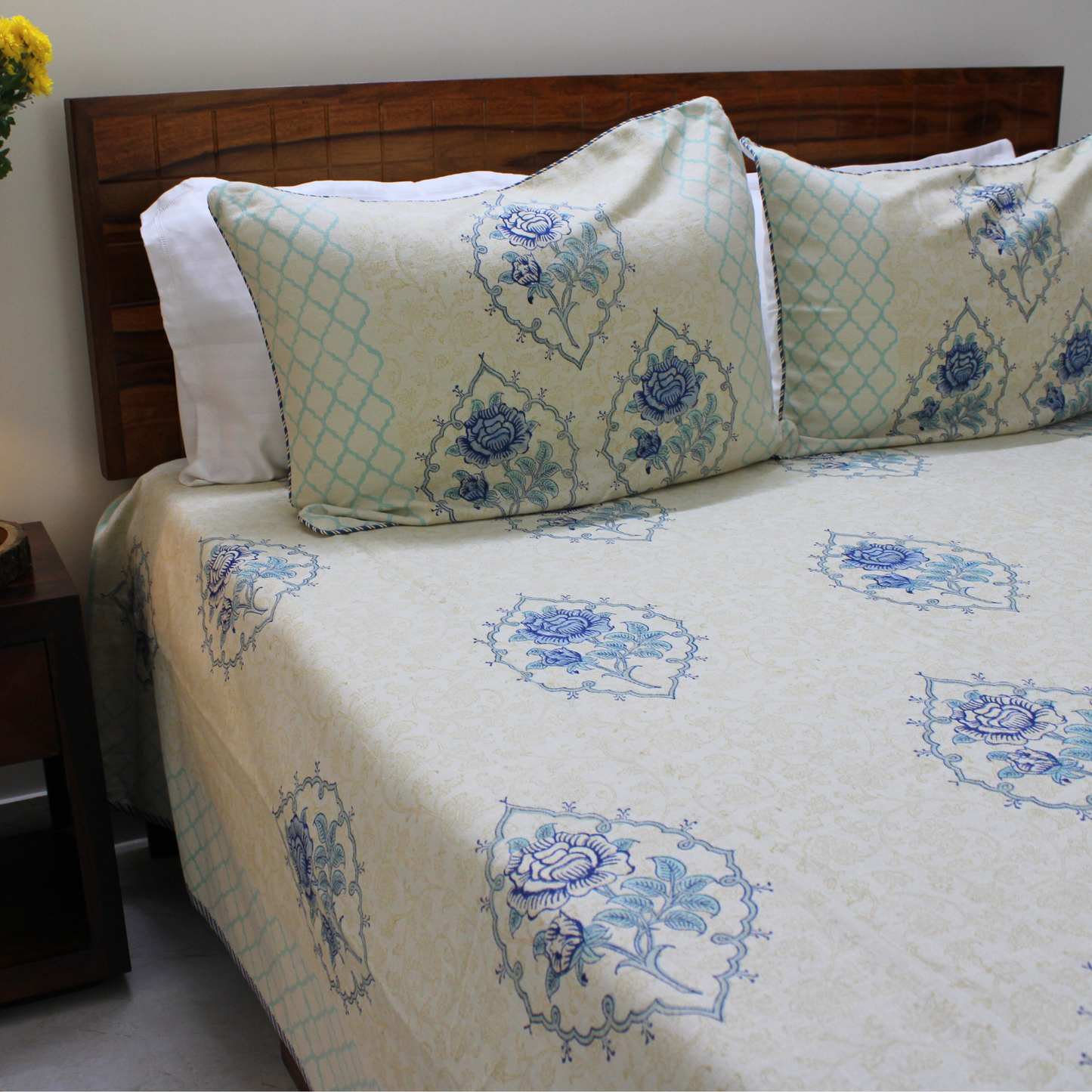 Bedsheet | Handblock Cotton Slub Lotus Garden | Set of 3