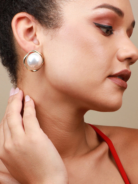 Gold-Tone Pearl Disc Studs – Fashion Earwear – Plated Finish, Faux Pearl – Single Pair