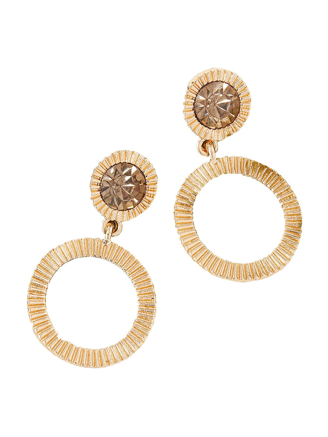 Gold-Toned Ridged Circle Drop Earrings – Fashion Jewellery – Crystal Embellished – 4cm