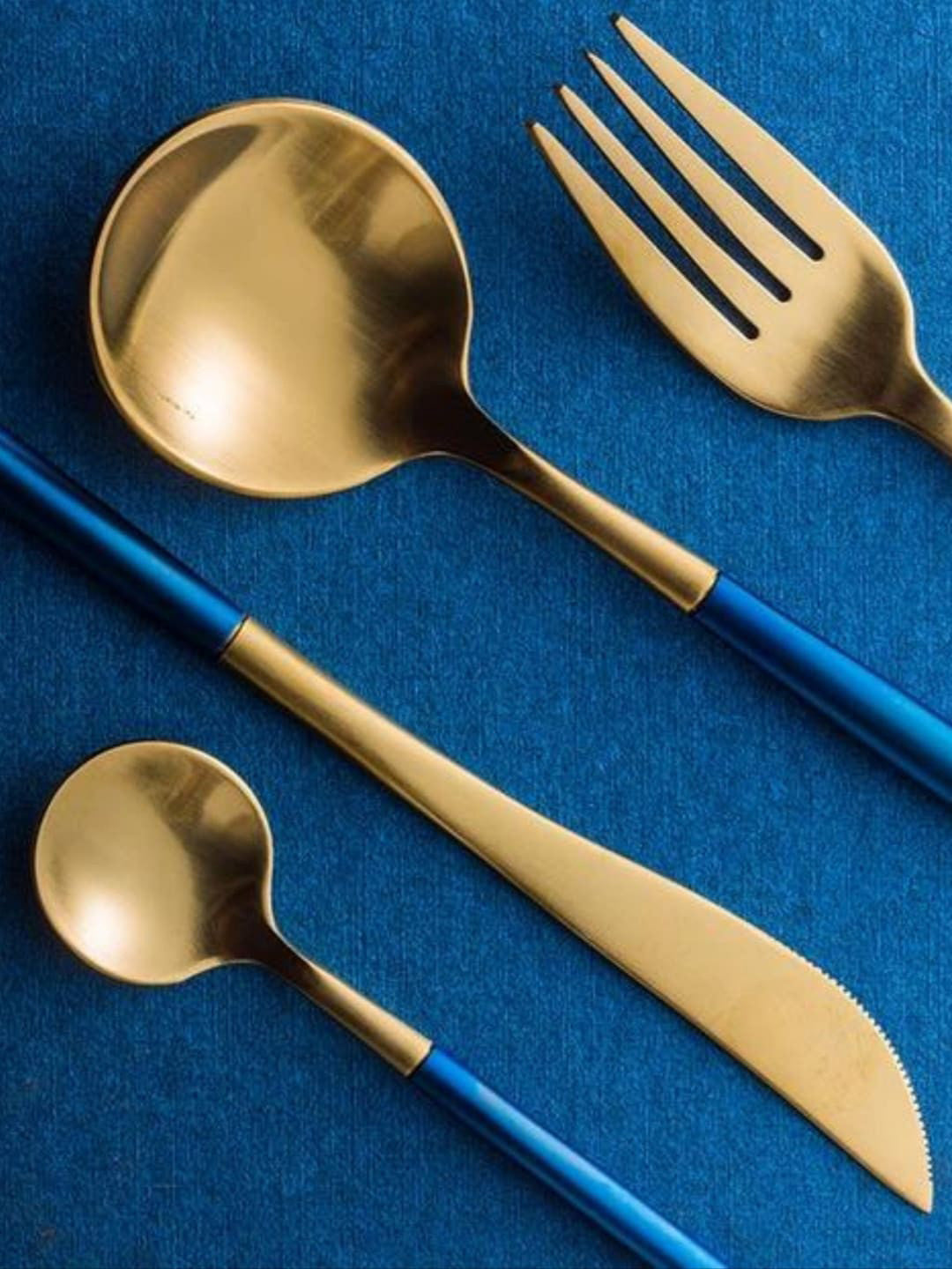 4 pcs Blue & Gold Toned Cutlery Set – Stainless Steel Flatware – Two-Tone Finish
