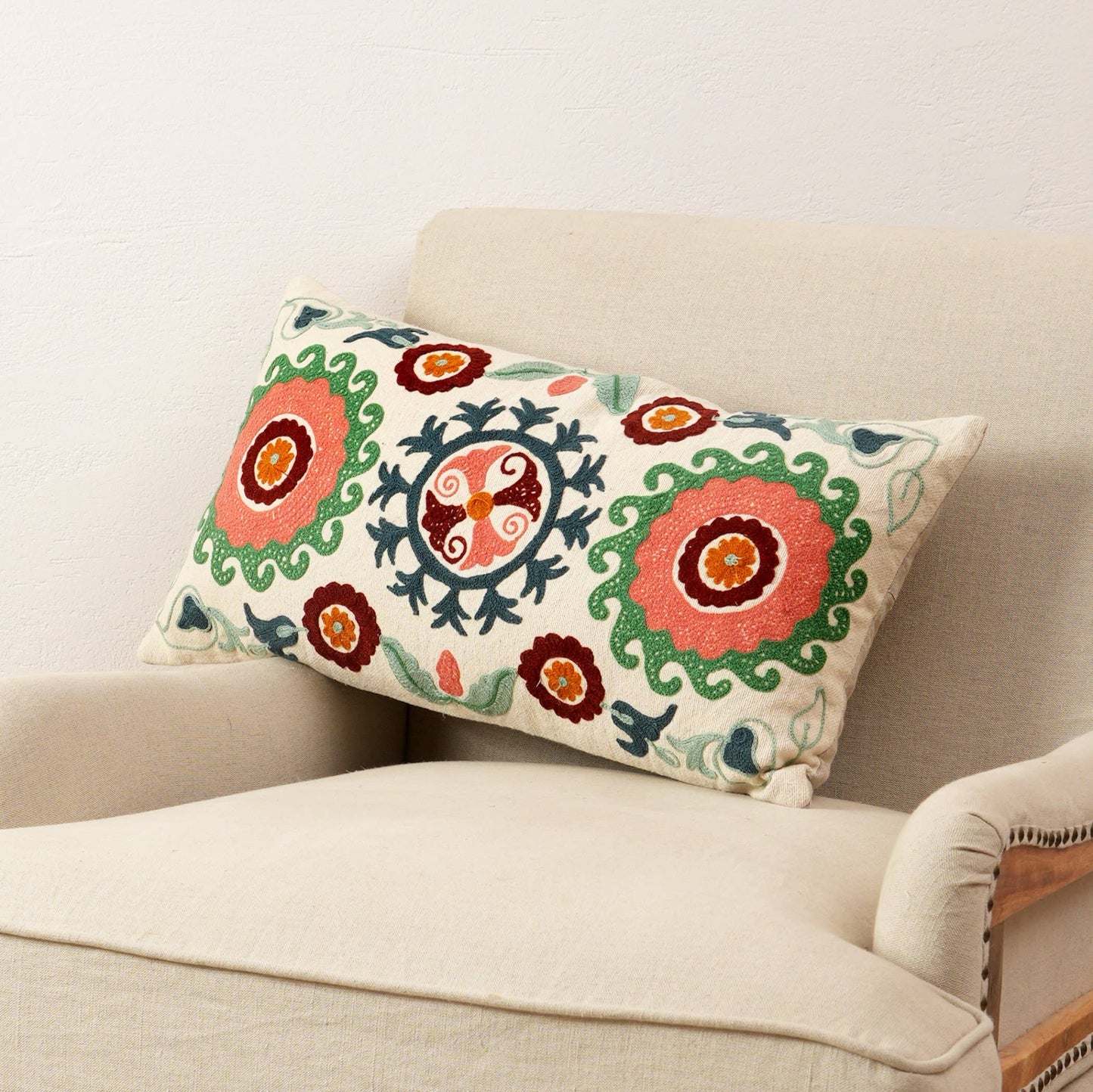 Suzani Embroidered Lumbar Cushion With Filler