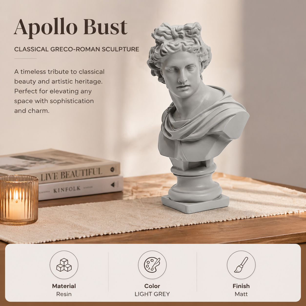 Grey Classical Greco-Roman Bust Sculpture, Matte Finish
