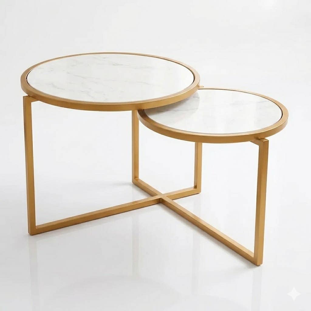 Luxury Round Marble Side Table with Gold Frame – Two Tier