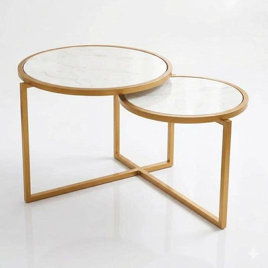Luxury Round Marble Side Table with Gold Frame – Two Tier