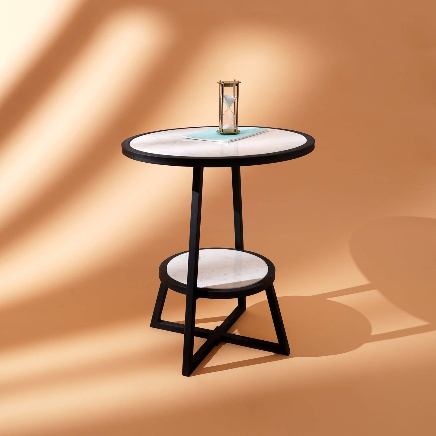 Modern 2-Tier Marble Table with Sturdy Iron Tripod Base