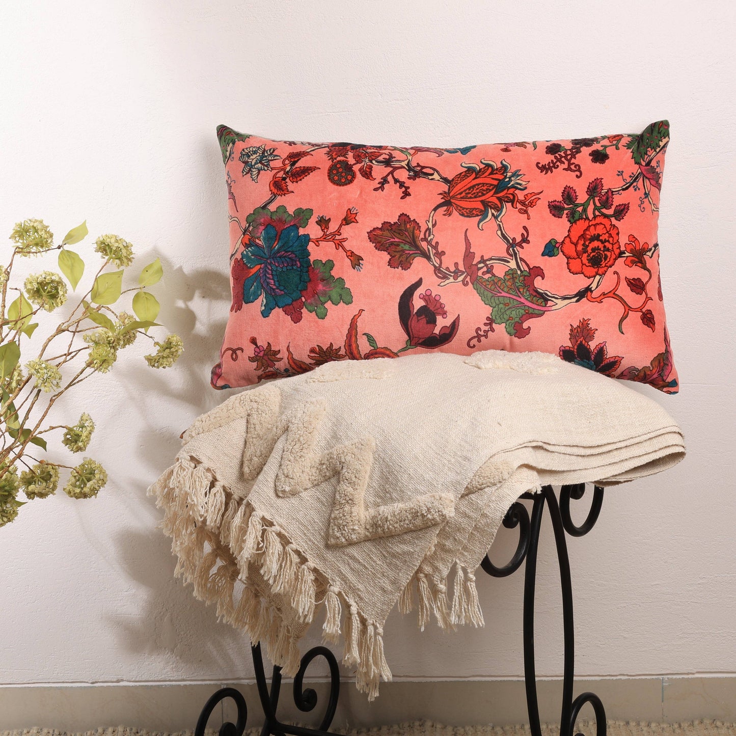 Velvet Eden Floral Cotton Lumbar Cushion 35 x 60 cm