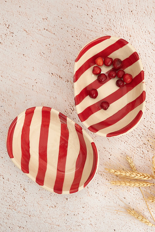 Vintage Red Stripe Ceramic Bowl – Handpainted Serving Bowl – Durable Ceramic – 300ml Capacity